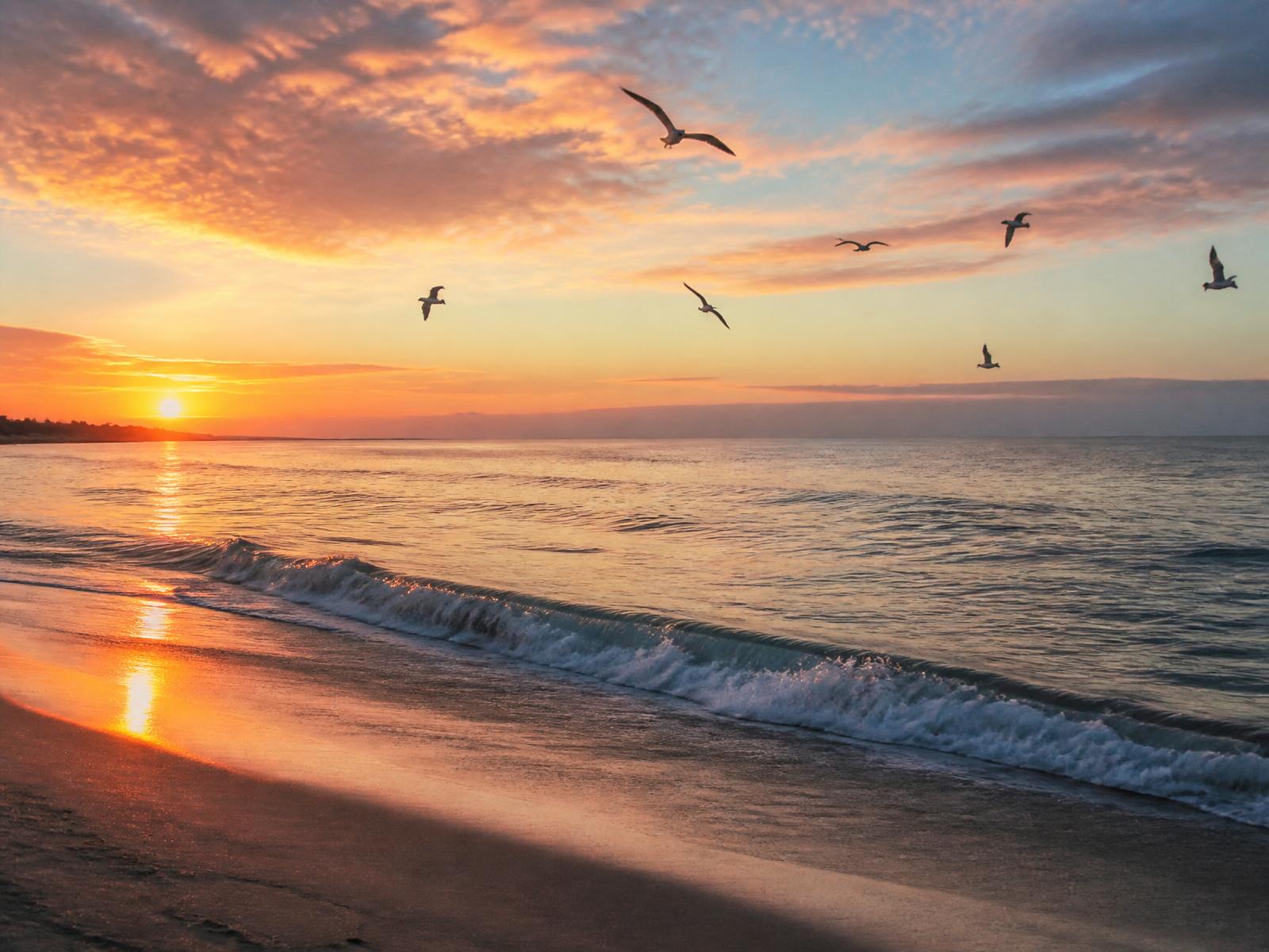 Calm beach at golden hour with rolling waves and seagulls